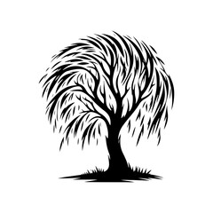 Willow Tree Vector Silhouette Evoking the Serene Beauty of Nature's Graceful Tree- Willow Tree Illustration.