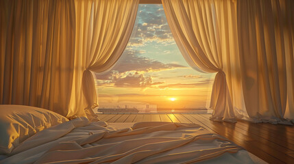  A serene bedroom bathed in the gentle light of dawn, curtains drawn back to reveal a breathtaking sunrise painting the sky in shades of orange and pink


