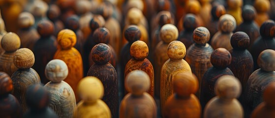 Diverse crowd of wooden figures symbolizing overpopulation in a varied community. Concept Overpopulation Crisis, Diversity Representation, Wooden Figurines, Varied Community, Symbolism