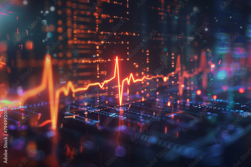 Poster detailed shot of a heartbeat signal amid ai coding illustrating the integration of technology and we