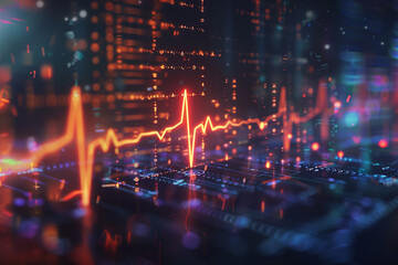 Detailed shot of a heartbeat signal amid AI coding illustrating the integration of technology and wellness