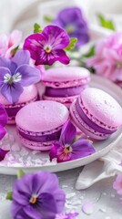 Fototapeta na wymiar A photo of pink macarons on a white plate with purple flowers in a pastel aesthetic style with a white background and minimalistic style