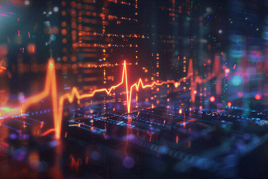 Detailed shot of a heartbeat signal amid AI coding illustrating the integration of technology and wellness