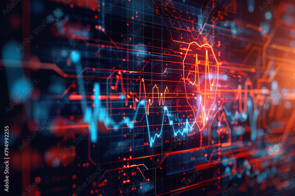Poster detailed shot of a heartbeat signal amid ai coding illustrating the integration of technology and we