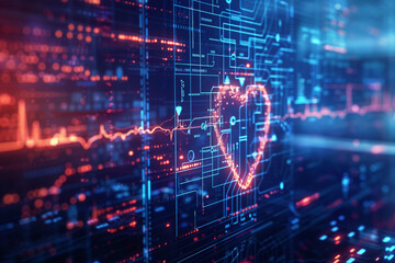 Fototapeta na wymiar Detailed shot of a heartbeat signal amid AI coding illustrating the integration of technology and wellness