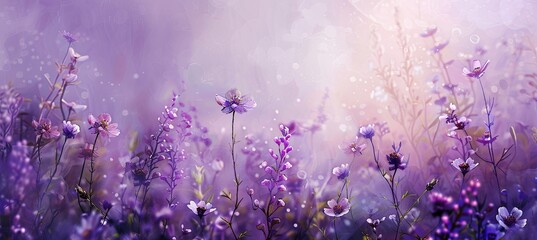Field of purple flowers on a violet background with lavender grass