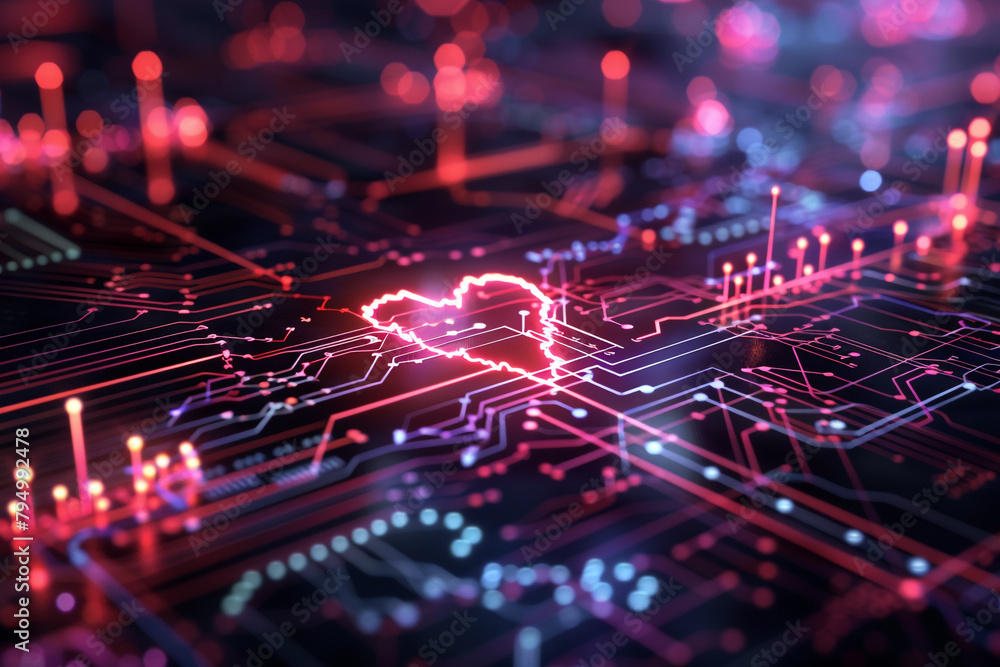 Poster detailed shot of a heartbeat signal amid ai coding illustrating the integration of technology and we