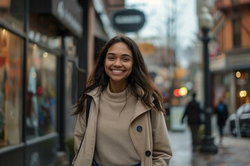 Obraz premium Smiling Young Woman Enjoying a Rainy Day in the Urban Cityscape