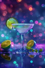Vibrant Cocktail Night Scene: Frosted Daiquiri With Lime Slice and Bokeh Lights