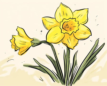 A simple line drawing of two daffodils in bloom against a beige background.