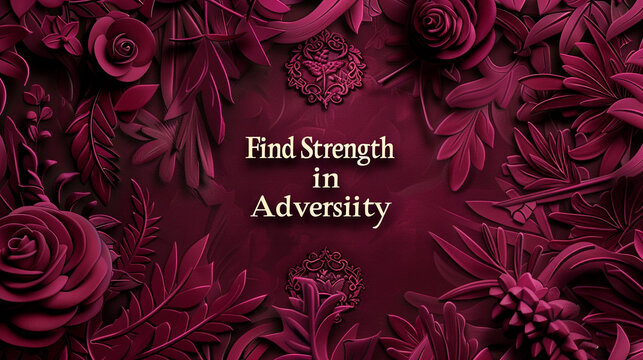 A majestic maroon background featuring the empowering words "Find Strength in Adversity"