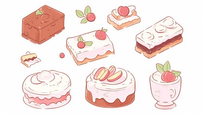 A variety of cakes and pastries, including a chocolate cake, a strawberry cake, a vanilla cake, and a fruit tart.