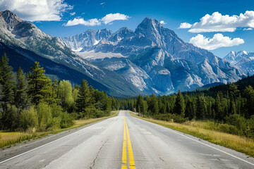 Empty road leading towards mountains under a dynamic sky. Beautiful landscape with highway and mountain ranges