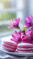 Fototapeta na wymiar A photo of pink macarons on a white plate with purple flowers in a pastel aesthetic style with a white background and minimalistic style