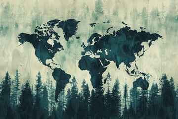 Global world map over forest trees silhouettes. Concept of caring for environment and preserving life on planet. Eco friendly banner