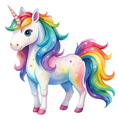 Cute Fairy Unicorn in watercolor style on transparent background, Watercolor unicorn illustration for kids