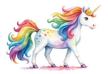 Cute Fairy Unicorn in watercolor style on transparent background, Watercolor unicorn illustration for kids