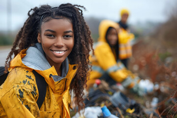 Group of volunteers collecting trash by roadside. Community service