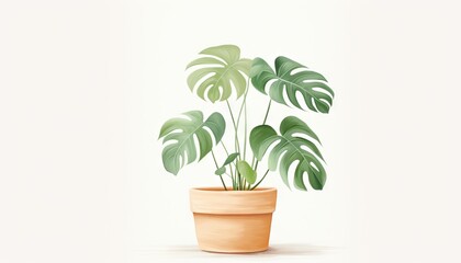 A watercolor painting of a potted monstera deliciosa plant on a white background.