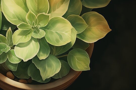 A watercolor painting of a plant with round green leaves in a clay pot.
