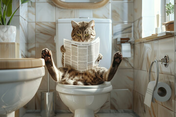 Cat is comfortably seated on toilet in bathroom and reading newspaper. Morning routine