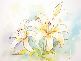 A watercolor painting of two white lilies.