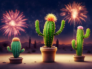Cartoon Cacti Celebrating Cinco de Mayo: Watercolor Fireworks at Carnival Night