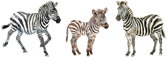 Fototapeta na wymiar Watercolor style clipart bundle of three zebras, adult and baby, isolated on a white background