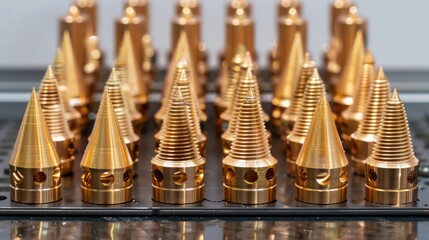 3D printer brass nozzle. Macro of different printer nozzle sizes. Threaded brass nozzles. Parts for 3D printer - obrazy, fototapety, plakaty