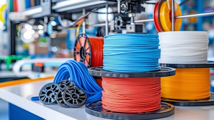 3D Printer Plastic filament for 3D printer and printed products in the interior of the design office - obrazy, fototapety, plakaty