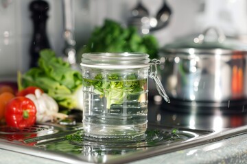 Fototapeta na wymiar Gentle Cooking: Bain-Marie Method with Food Jar Floating in a Boiling Water Bath Generative Ai