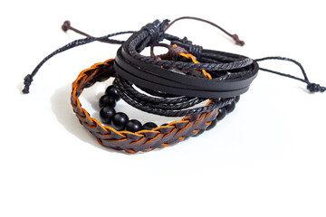 Leather bracelet, black and brown isolated on white