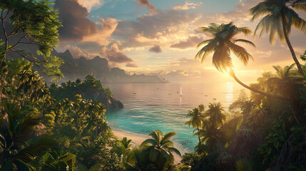 A lush tropical paradise bathed in the golden light of dawn, where verdant palms sway in the gentle...