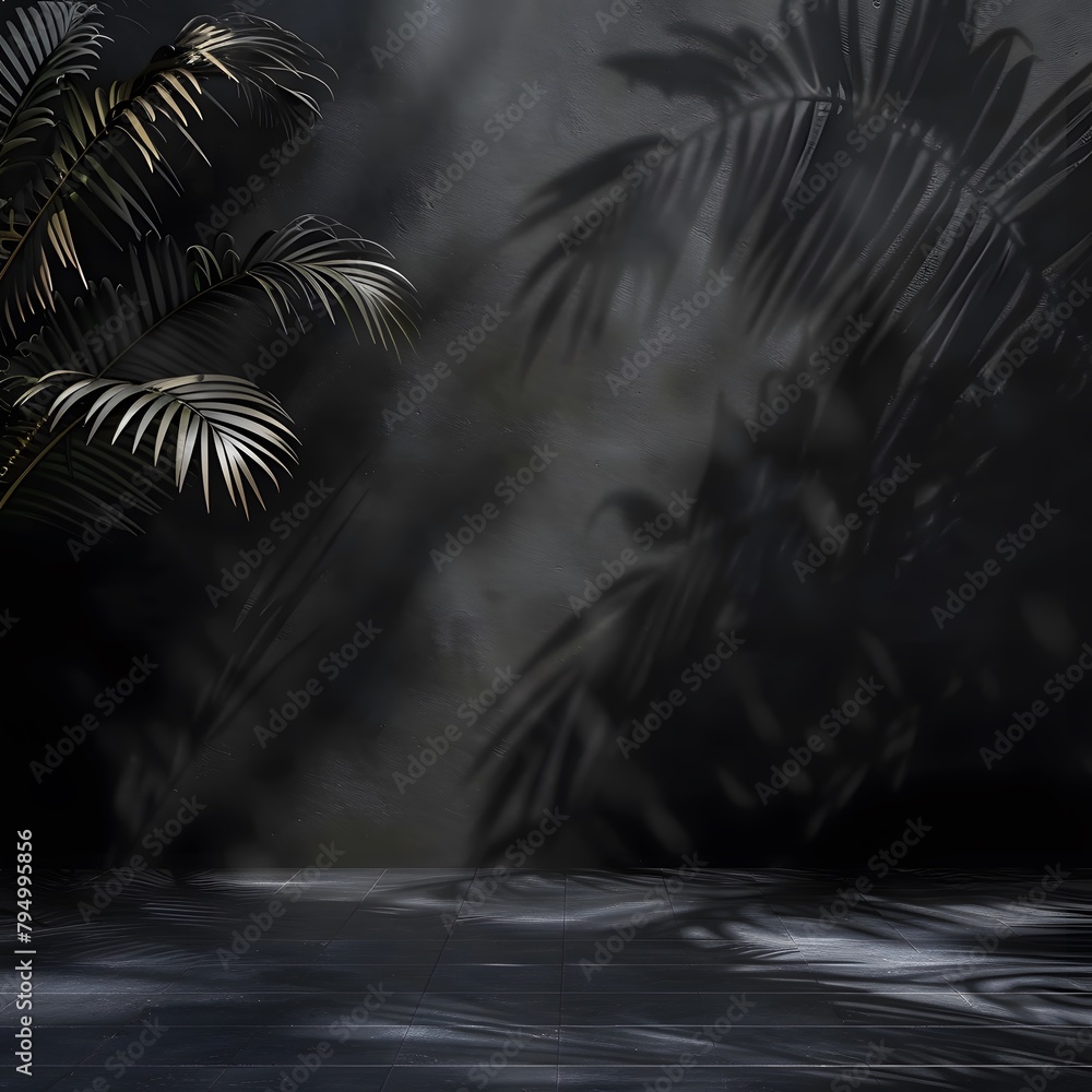 Poster abstract background with shadows on black wall for product presentation, empty space for text