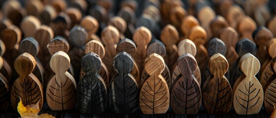 Wooden Figures Representing Overpopulation and Diversity in Society. Concept Social Issues, Overpopulation, Diversity, Wooden Figures, Societal Challenges