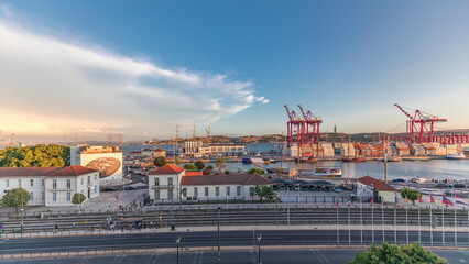 Panorama showing aerial view of the port of the city of Lisbon timelapse with the 25 of April...