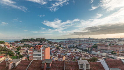 Fototapeta na wymiar Panorama showing Lisbon famous aerial view from Miradouro da Senhora do Monte tourist viewpoint timelapse