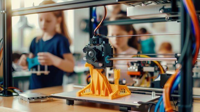 Close-up Modern 3D printer printing figure, learning class of kids engineer.