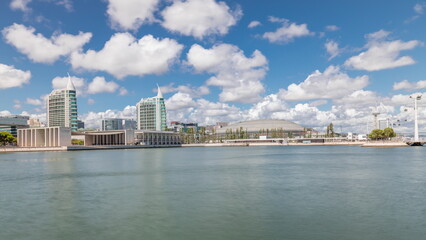 Panorama showing Parque das Nacoes or Park of Nations district timelapse in Lisbon, Portugal.