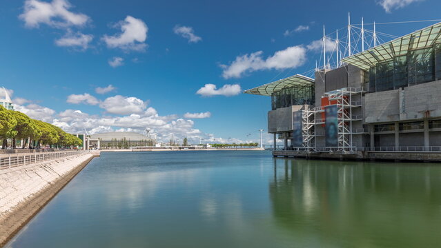 Panorama showing Lisbon Oceanarium timelapse, located in the Park of Nations.