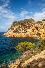 Aerial view of cape Cap des Bous cliffs and small coves, San Josep de Sa Talaia, Ibiza, Balearic Islands, Spain