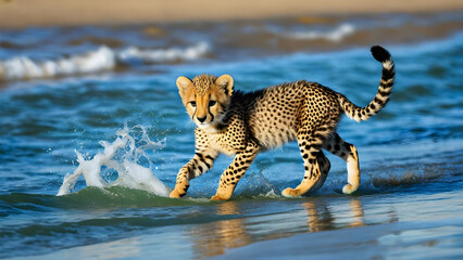 Adorable baby cheetahs are playing at beautiful beach, AI generated