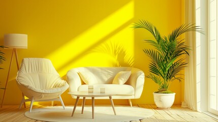 黄色い壁の部屋と家具
