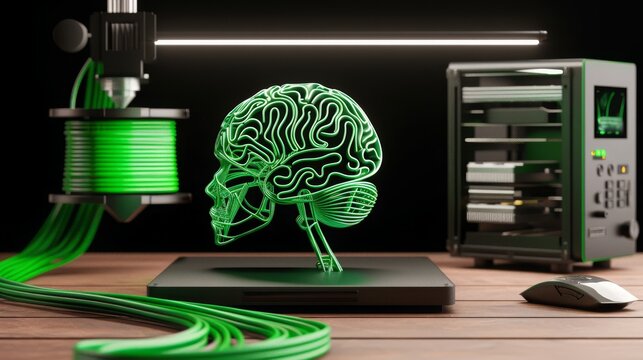 symbolic brain sculpture is made by a 3d printer from green filament in vivid light. filament rolls on wooden desk in background. selective focus on print head. ecological intelligence concept