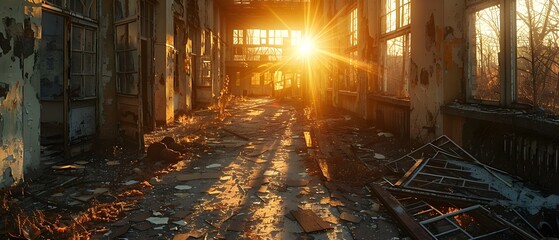 A dilapidated hospital hallway cluttered with old items sunlight piercing through windows. Concept Abandoned Hospital, Sunlight, Dilapidated Hallway, Old Items, Eerie Atmosphere