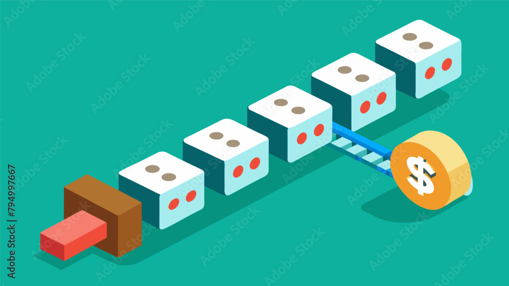 Poster a domino chain with each piece representing a compounding interest payment that keeps the chain goin
