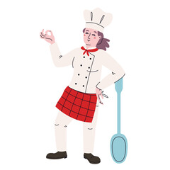 Female chef with pizza peel. Character in doodle style.