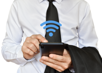 Businessman holding smartphone with wifi icon, Isolated on white transparent background. PNG File Format