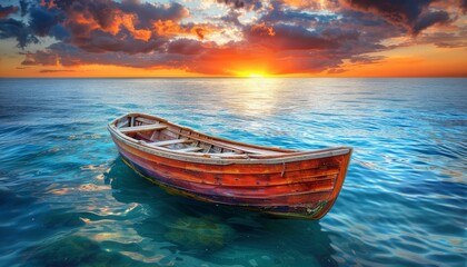 Tranquil sunset seascape with solitary wooden rowboat adrift on serene and placid waters - obrazy, fototapety, plakaty
