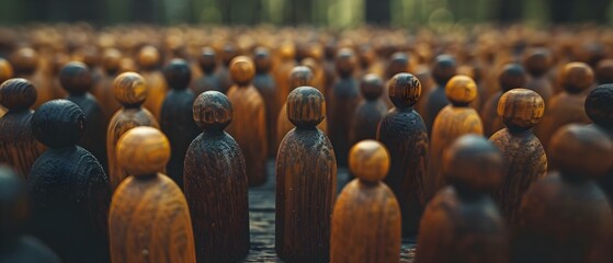 Diverse crowd of wooden figures symbolizing overpopulation issue in society. Concept Overpopulation, Wooden Figures, Diverse Crowd, Society Issue
